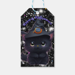 Étiquettes-cadeau Chat noir d'Halloween blanc mignon
