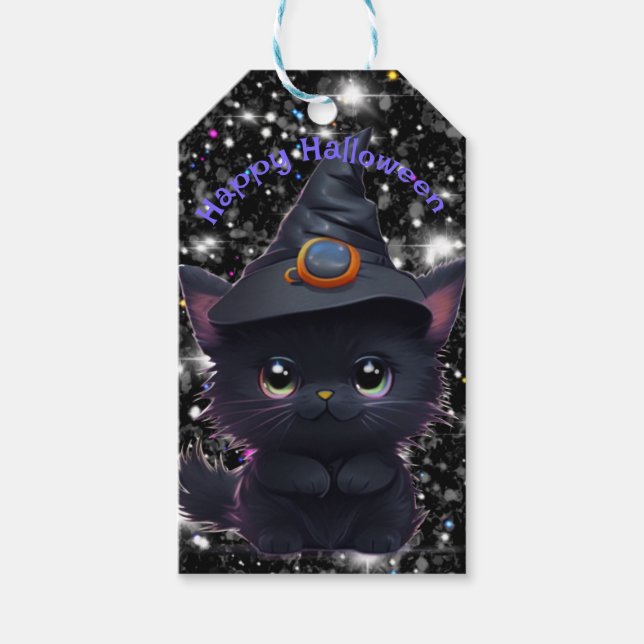 Étiquettes-cadeau Chat noir d'Halloween blanc mignon (Devant)