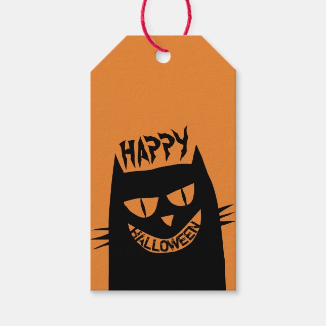 Étiquettes-cadeau Chat noir d'Halloween déplaisant sur Orange (Devant)