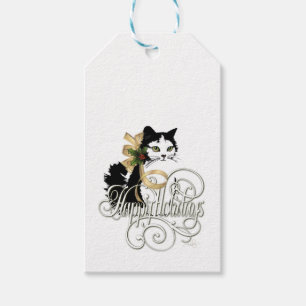 Étiquettes-cadeau Chat noir et blanc de vacances