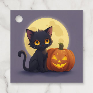 Étiquettes Cadeau Chat noir mignon avec Citrouille sculpté brillant