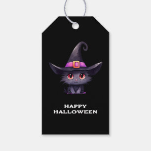 Étiquettes-cadeau Chat noir mignon portant l'Halloween Casquette d'u
