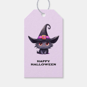 Étiquettes-cadeau Chat noir mignon portant l'Halloween Casquette d'u