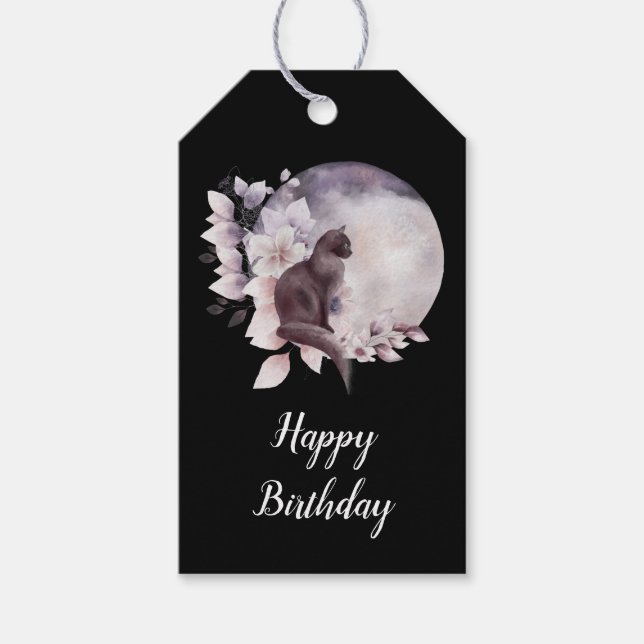 Étiquettes-cadeau Chat noir par une Pleine lune magique Anniversaire (Devant)