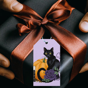 Étiquettes-cadeau Chat Noir Roses Violettes Citrouille Automne