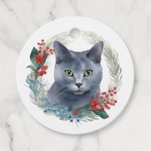 Étiquettes Cadeau Chat russe bleu Couronne de Noël Chaton festif