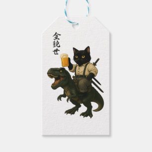 Étiquettes-cadeau Chat Samouraï avec Bière & T-Rex Art Japonais Ré