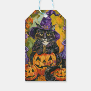 Étiquettes-cadeau Chat Smoking Tuxedo Halloween Sorcière et Citrouil