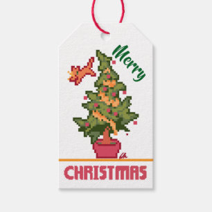 Étiquettes-cadeau chat voleur, arbre, Pixel Art, Joyeux Noël 