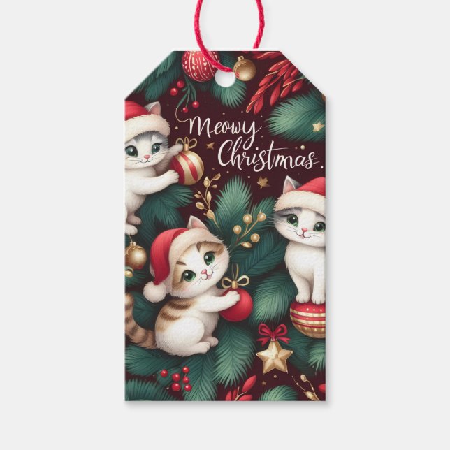 Étiquettes-cadeau Chatons avec chapeau de Père Noël - Noël (Devant)