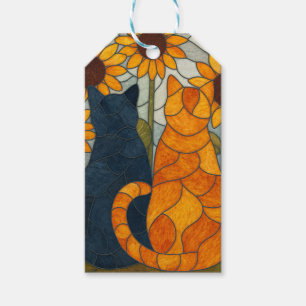 Étiquettes-cadeau Chats en vitrail et conception d'art de tournesols