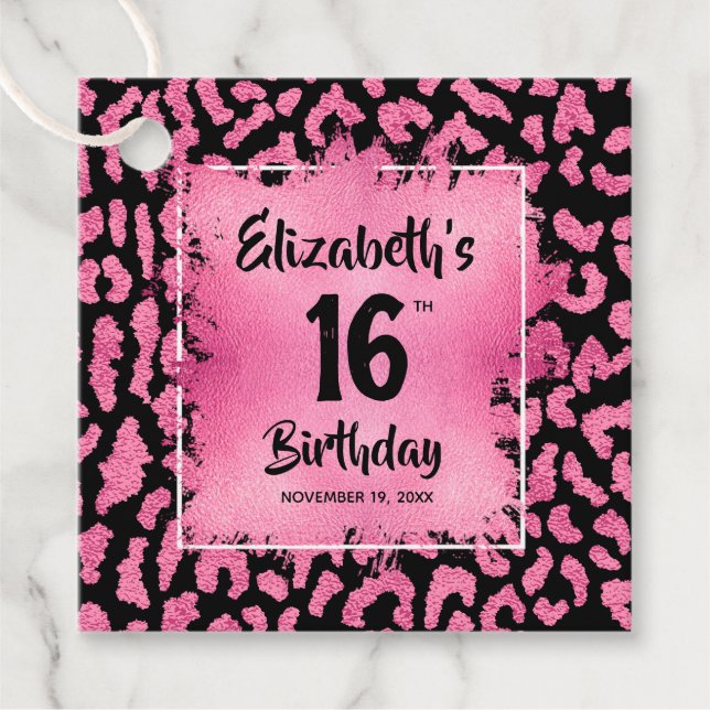 Étiquettes Cadeau Chaud léopard rose 16e anniversaire Personnalisé (Devant)