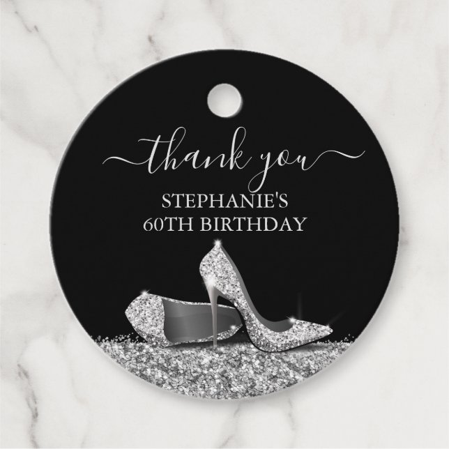 Étiquettes Cadeau Chaussure haute talon Merci d'anniversaire Argent  (Devant)