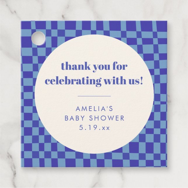 Étiquettes Cadeau Checkerboard Blue Custom Baby Shower Thank You (Devant)