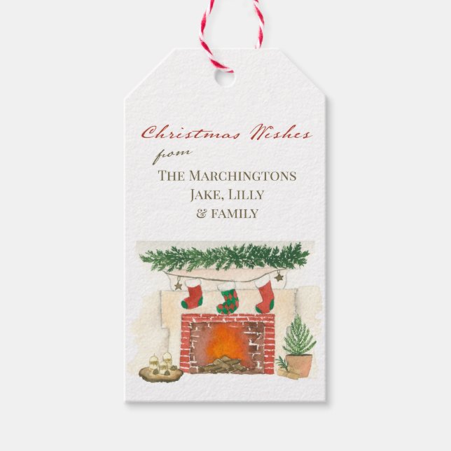 Étiquettes-cadeau Cheminée de Noël cosy avec les bas (Devant)