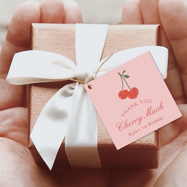 Étiquettes Cadeau Cherry rose et rouge fille 1er anniversaire Merci (Créateur téléchargé)