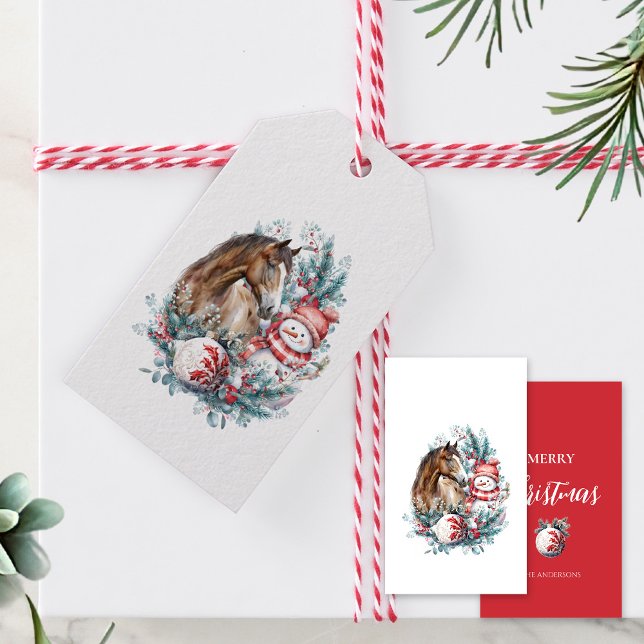 Étiquettes-cadeau Cheval bonhomme de neige aquarelle de Noël élégant (Horse snowman Christmas gift tag, horse lover, equestrian Christmas)