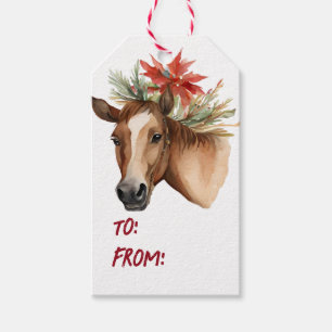 Étiquettes-cadeau Cheval de Noël en aquarelle
