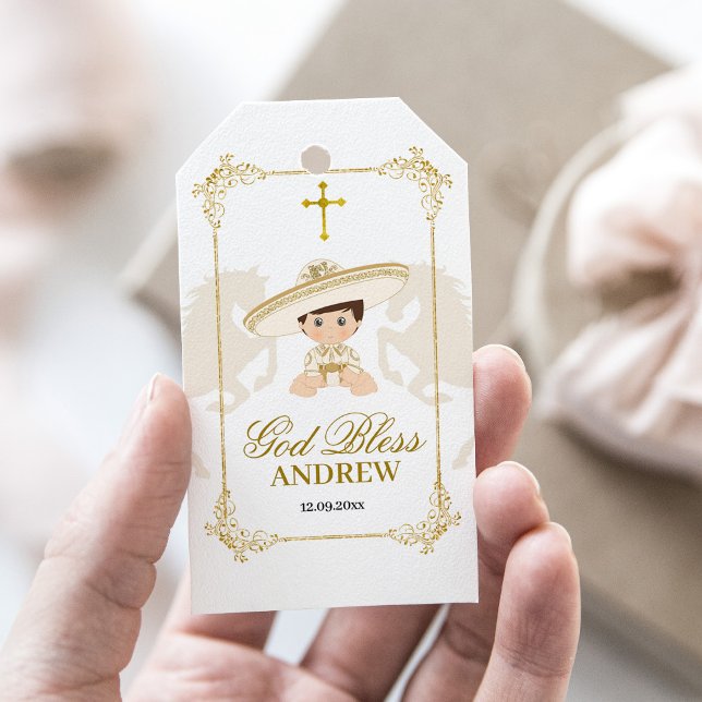 Étiquettes-cadeau Cheval d'or blanc Mexicain garçon Charro Baptême (Créateur téléchargé)