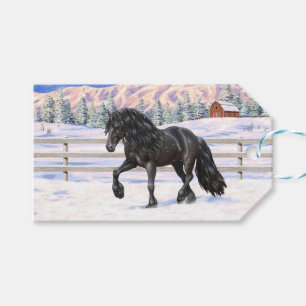 Étiquettes-cadeau Cheval Noir Friésien En Neige