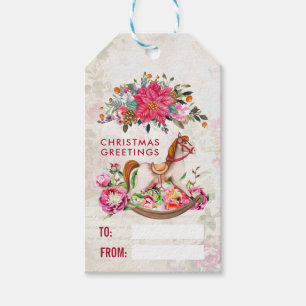 Étiquettes-cadeau Cheval rocheux victorien et Poinsettia Noël