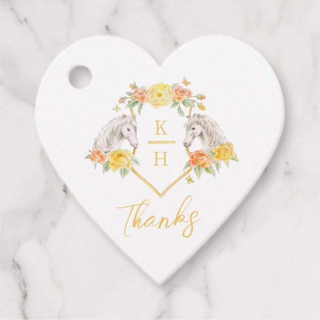 Étiquettes Cadeau Chevaux gris et roses jaunes monogramme merci (Devant)