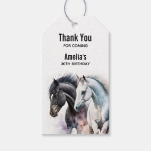 Étiquettes-cadeau Chevaux noir et blanc dans l'aquarelle Merci d'évé