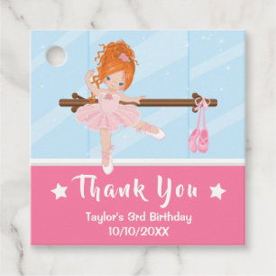 Étiquettes Cadeau Cheveux rouges Ballerina rose Merci d'anniversaire