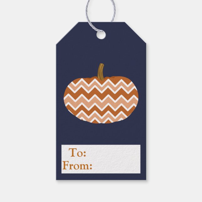 Étiquettes-cadeau Chevron Citrouilles et Marine (Devant)