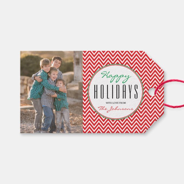 Étiquettes-cadeau Chevron rouge et blanc Photo de Noël personnalisée (Devant (Horizontal))
