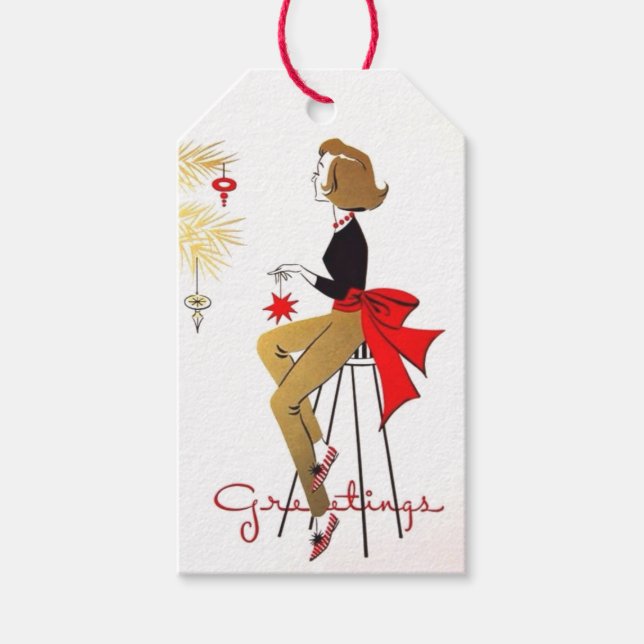 Étiquettes-cadeau Chic 50s Lady Decorating Tree (Devant)