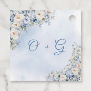 Étiquettes Cadeau Chic aquarelle bleu et blanc fleurs monogramme