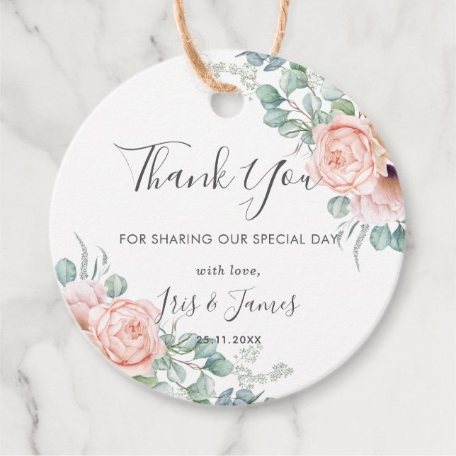 Étiquettes Cadeau Chic Blush Floral Rose Mariage Merci (Devant)