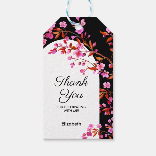 Étiquettes-cadeau Chic cerise en fleurs Sakura noir blanc anniversai (Devant)