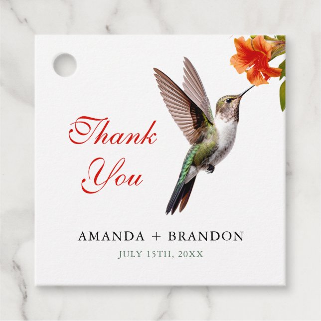 Étiquettes Cadeau Chic colibri et Mariage de fleurs orange (Devant)