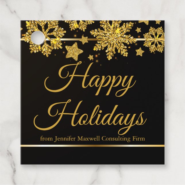 Étiquettes Cadeau Chic Happy Holidays Black Gold Snowflake Custom (Devant)