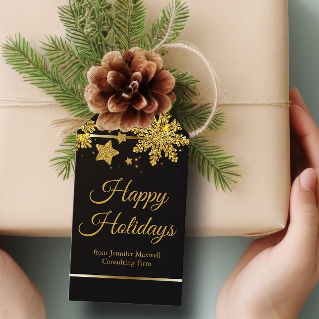 Étiquettes-cadeau Chic Happy Holidays Black Gold Snowflake Custom (Créateur téléchargé)