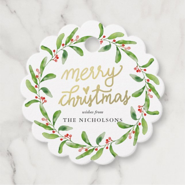 Étiquettes Cadeau Chic Joyeux Noël Holly Wreath | Script Gold (Devant)