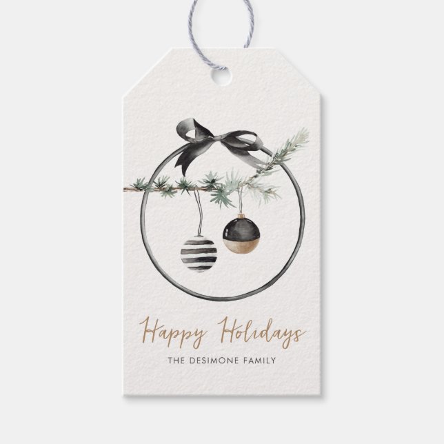 Étiquettes-cadeau Chic Joyeux Vacances Black Gold Ornament Noël (Devant)