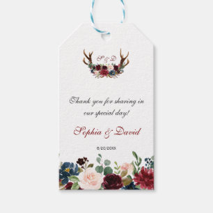 Étiquettes-cadeau Chic Merlot Navy Blue Floral Antlers Mariage