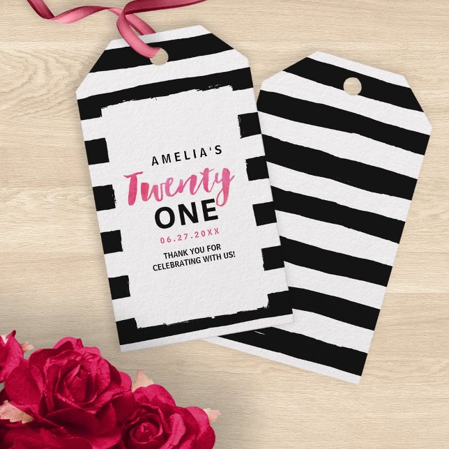 Étiquettes-cadeau Chic noir & blanc rayures rose 21e anniversaire (Créateur téléchargé)