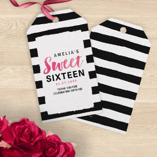 Étiquettes-cadeau Chic noir et blanc rayures rose doux 16 Anniversai
