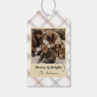 Étiquettes-cadeau Chic Plaid Neutre Photo Joyeux & Lumineux Noël