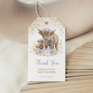 Étiquettes-cadeau Chic Purple Boho Highland Cow Girl Baby shower