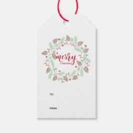 Étiquettes-cadeau Chic Red & Green Holly et Pine Wreath Noël