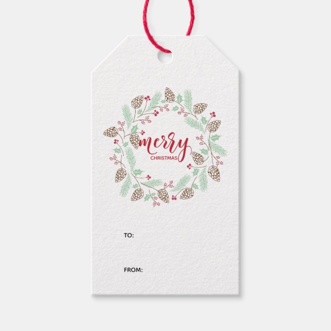 Étiquettes-cadeau Chic Red & Green Holly et Pine Wreath Noël (Devant)