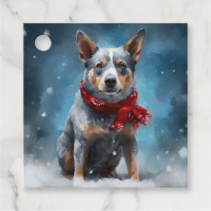 Étiquettes Cadeau Chien Blue Heeler dans la neige de Noël
