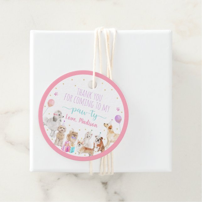Étiquettes Cadeau Chien Chien rose Fille Paw-ty Anniversaire (En situation)