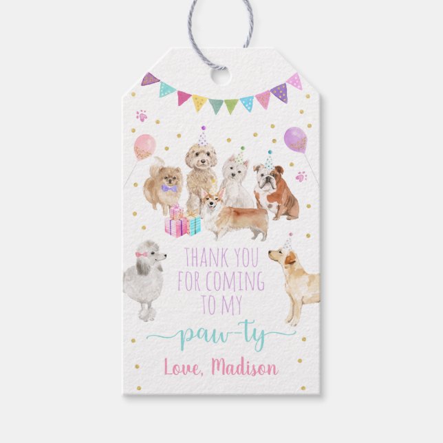 Étiquettes-cadeau Chien Chien rose Fille Paw-ty Anniversaire (Devant)
