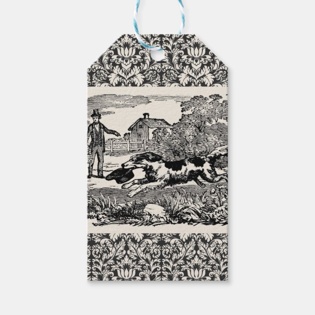 Étiquettes-cadeau Chien courant art animal antique illustration vict (Devant)